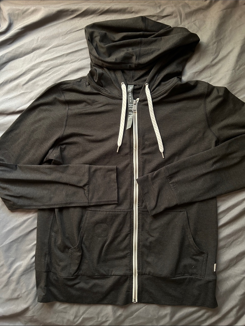 Vuori Women’s Black Zip-Up Hoodie with White Drawstrings